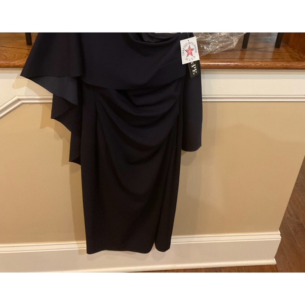Brand new! Cape-backed navy blue  single shoulder cocktail dress. Size 4